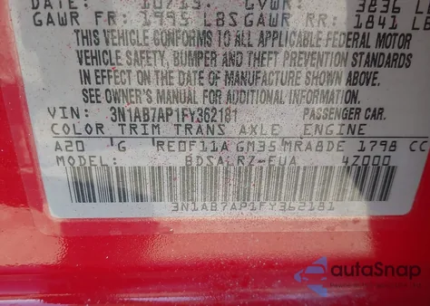 2015 Nissan Sentra Sr z USA, uszkodzony, nr VIN 3N1AB7AP1FY362181